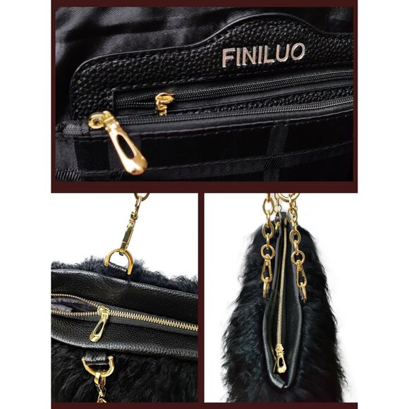 Black Fur Tote Bag Curly Lamb Hair Plush Large with Leather Handles - Picture 4 of 8
